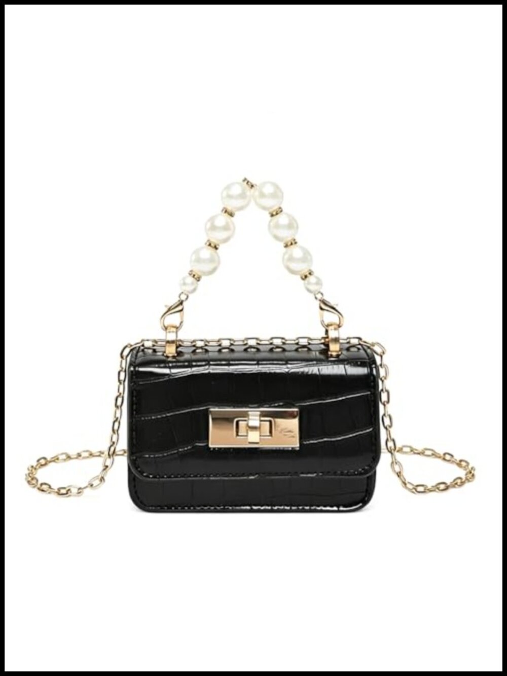 Mini Handbag Pearl Handle Gold Chain Strap PU Leather Crossbody Purse Lipstick